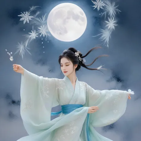 A serene woman in a flowing, silken hanfu with intricate, hand-embroidered motifs and delicate, beaded accents, her long, dark hair loose and wispy, as if blown by an unseen breeze, dances with effortless elegance in the gentle wind, surrounded by a whirlw...