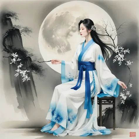 A serene woman in a flowing, silken hanfu with intricate, hand-embroidered motifs and delicate, beaded accents, her long, dark hair loose and wispy, as if blown by an unseen breeze, dances with effortless elegance in the gentle wind, surrounded by a whirlw...