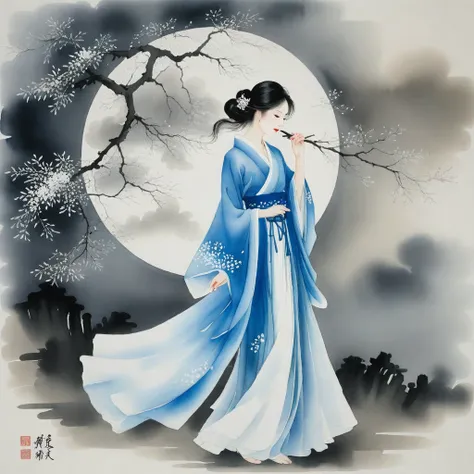 A serene woman in a flowing, silken hanfu with intricate, hand-embroidered motifs and delicate, beaded accents, her long, dark hair loose and wispy, as if blown by an unseen breeze, dances with effortless elegance in the gentle wind, surrounded by a whirlw...