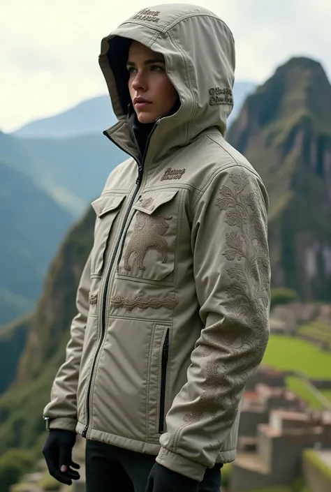 Create me a jacket with details of Machu Picchu that the main color is the one that is minimalist 




