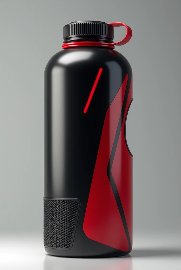 An ai generated image of a big black plastic water bottle with a red design and a black design with a speaker on bottom