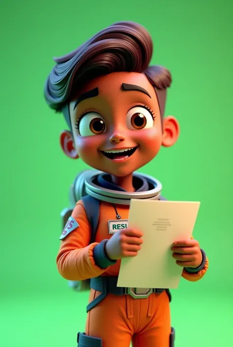 A happy young astronaut with dark brown skin color, gradient cut hair, cute, wearing astronaut outfit, green chromakey background, barnet, Tom, Pixar style, ......3d, cartoon, he is holding a resume in his hand and smiling. detailed face, asymmetrical 16k