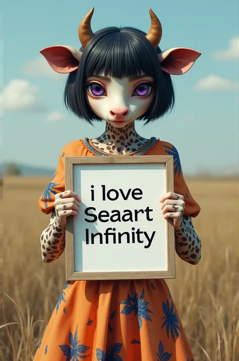  A man, male cow hybrid, Cow&#39;s ears, [bell neck, short black hair, Violet eyes, with cow print],
bohemian dress, holding a whiteboard with the text "I Love Seaart Infinity" and showing it to the viewer