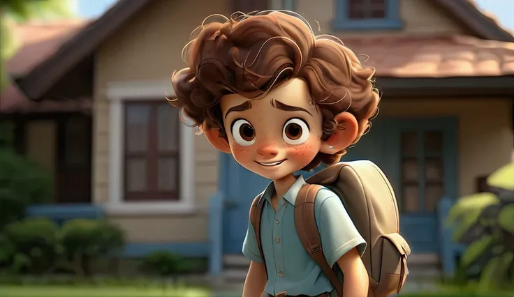 Smiling  boy, short curly brown hair, brown eyes, blue short-sleeved blouse, thigh-length brown shorts, white sneakers, brown backpack on his back, is walking towards a house