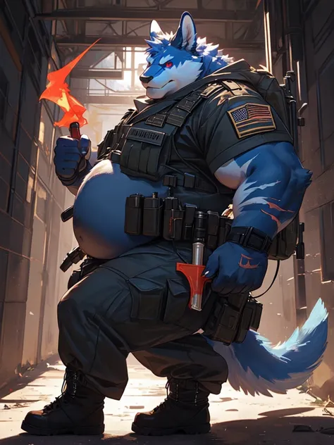 Very Extremely obese Blue Kangaroo with very extremely massive belly, wears boots, wears military special forces outfit, holding a knife, scars on the face, side view, extremely massive belly, red eye, fighting pose, Looking at viewer 