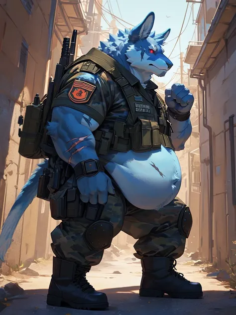 Very Extremely obese Blue Kangaroo with very extremely massive belly, wears boots, wears military special forces outfit, holding a knife, scars on the face, side view, extremely massive belly, red eye, fighting pose, Looking at viewer 