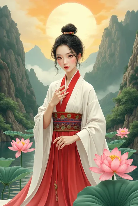 Detailed Texture, high quality, High resolution, High precision, realism, Color Correction, 正Shii照明設定, Harmonious composition. 天照大御godのような, A woman in her 40s with short hair、Red and white color scheme、The surrounding mountains are rich in nature, A pond w...