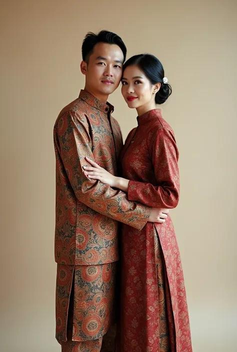 Studio photo wearing batik with husband and wife with short hair