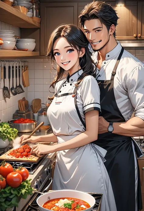 cover page, Cuisine Information Journal, highres, top quality, best quality, paid reward available, High-quality illustrations, unparalleled masterpiece, perfect artwork, absurdres(lovers, housekeeper girl, cooking, wolf husband)Newlyweds, kitchen, smile:0...