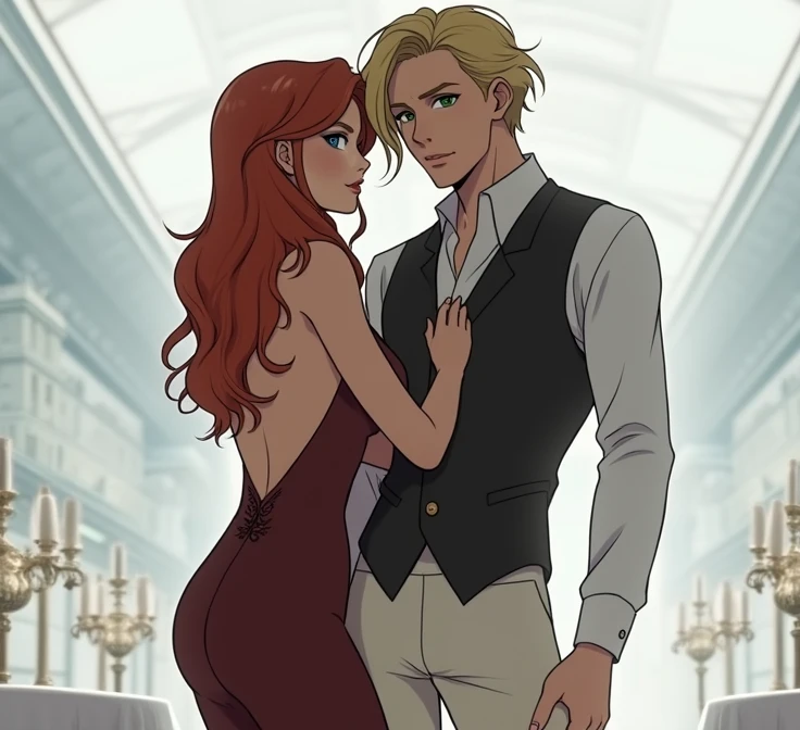 
Redhead , Blue eyes , red low cut long dress, man with yellow hair , green eyes , without tattoos, with a suit without a jacket , elegant vest and white shirt