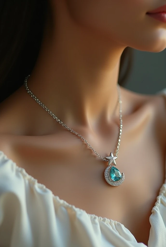 Create a necklace with a thin, shiny diamond chain with a moon and star pendant with the topaz stone.