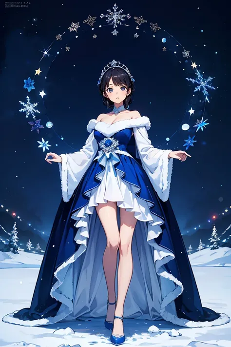 Best Quality, Super detailed, (Ultra-high resolution,8k), Ultra-high definition 4K, A beautiful, young woman personified as a January birthstone, wearing a gown of deep blue velvet, standing in a winter wonderland.