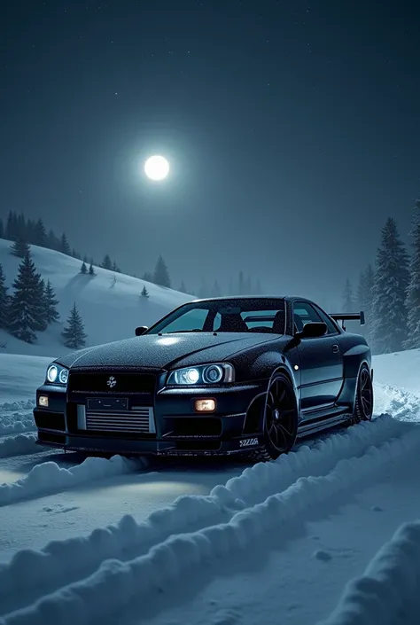 Create a phone wallpaper with a black Nissan skyline r35 in a snowy landscape on a dark night 
