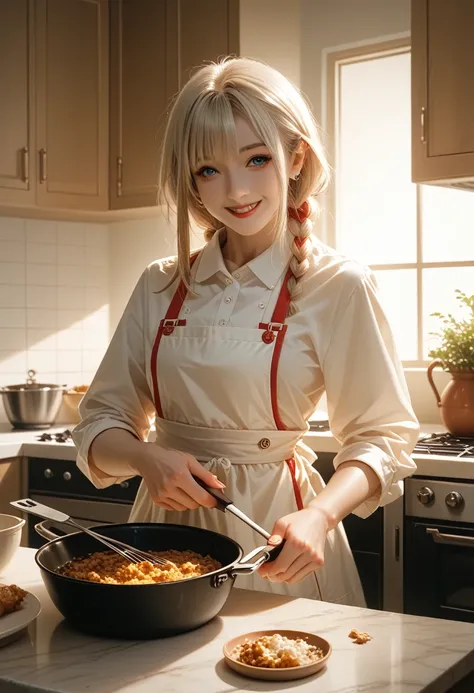 cover page, Cuisine Information Journal, highres, top quality, best quality, paid reward available, High-quality illustrations, unparalleled masterpiece, perfect artwork, absurdres(lovers, housekeeper girl, cooking, wolf husband)Newlyweds, kitchen, smile:0...