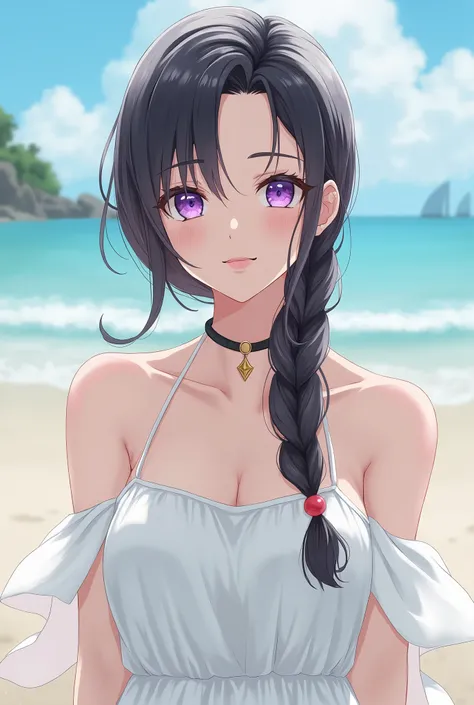 One girl,High resolution,  high quality,  masterpiece, mxmk white dress,  Bare shoulders, Purple eyes, White Dress, Braiding, Choker, Beach