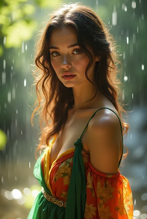 a beautiful girl wearing rich spring tones cloths, posing in the rain, bright lighting, 