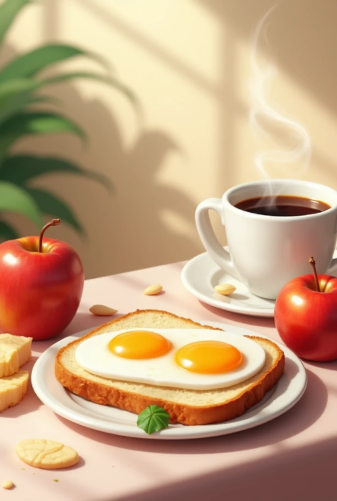 A breakfast with bread and egg, an apple and a coffee 