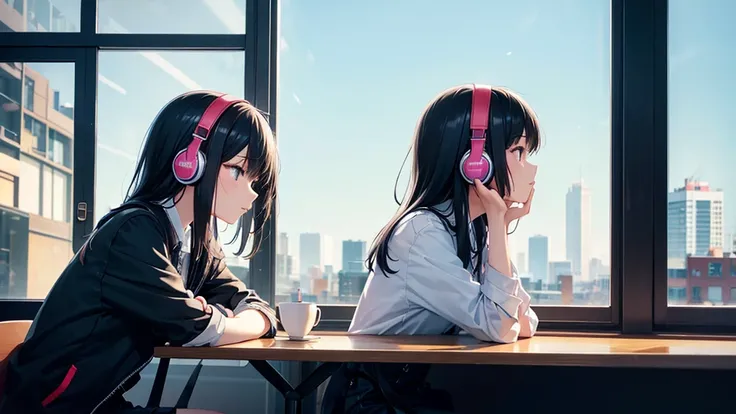 Gazing out the window from a café. A young girl with black hair, dressed in stylish clothes, is wearing headphones labeled "Lo-Fi." The girl is shown in profile, looking into the distance with a calm and relaxed expression. Her hair is meticulously rendere...