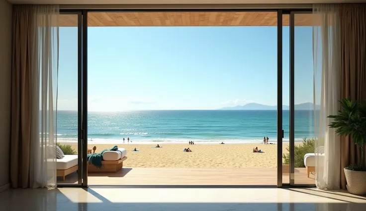 Create a hyper-realistic image with 32k resolution of a luxurious apartment positioned directly in front of a beach in Florianópolis. The image is taken from inside, standing at the entrance, and shows a breathtaking, straight-on view of the beach through ...