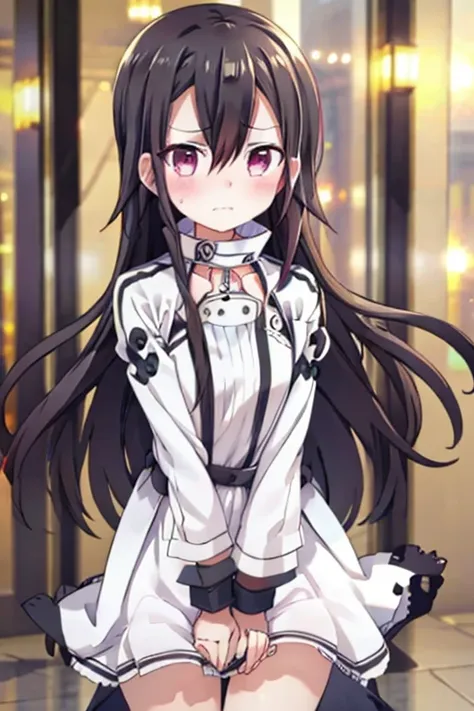 one girl, black hair, white dress,blushing, look at, golden eyes, frowning, teeth, chest, long hair, kirito(ggo)