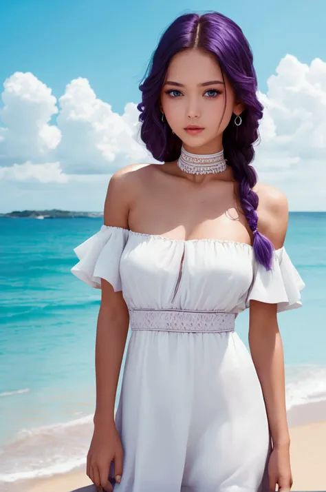 One girl,High resolution,  high quality,  masterpiece, mxmk white dress,  Bare shoulders, Purple eyes, White Dress, Braiding, Choker, Beach