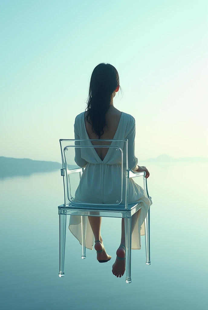 A woman sitting on a transparent chair with her back facing the horizon