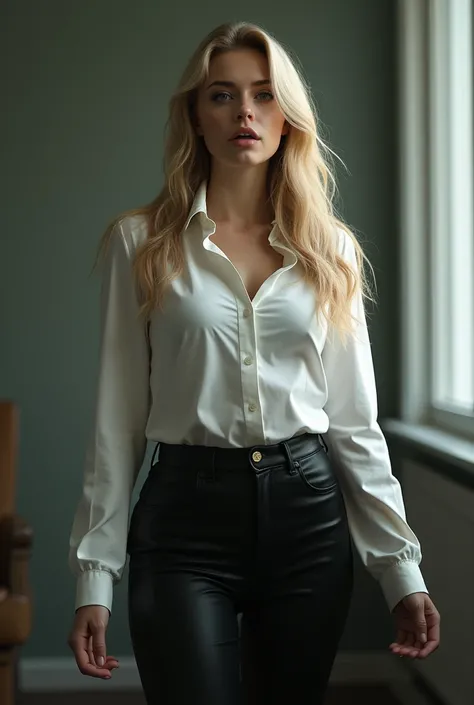 Realistic beautiful girl with long blonde hair, with a lot of bust, dressed in a white long-sleeved shirt like an office secretary and black pants, in a state of catalepsy, with the mouth open and arms hanging down