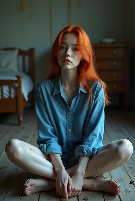 sit cross-legged、Wearing a blue button-up shirt、Casual clothing、Relaxed pose with hands on knees、Long red hair swept to the right of the screen and pale skin、A long-abandoned interior with wooden furniture and a bed in the background、Low lighting with soft...