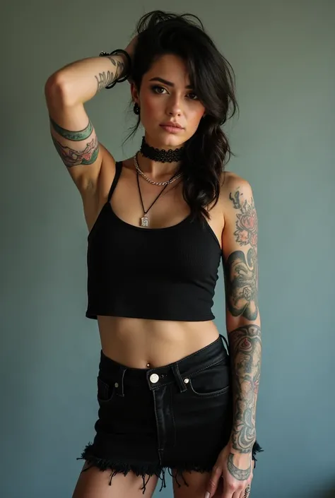 a young woman with tattoos on her arms and a black top and Mini skirt is posing for a photo, she is wearing a black regatta e micro saia, wearing a short black blouse and Mini skirt, wearing a cropped black regatta, black regatta, fair top, tight black reg...