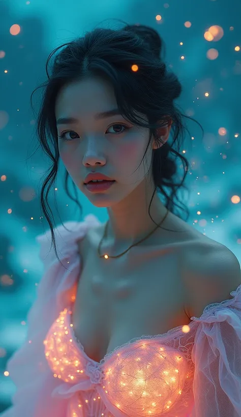 ((Best quality)), ((Masterpiece)), ((Realistic)), Portrait 1 girl, Celestial, deity, Goddess, Light particles, Halo, view the viewer,Firm eyes on bare shoulders, (Bio-luminescence:0.95) Ocean, Bio-luminescence, Goddess dress, vibrant, Colourful, Color, (Gl...