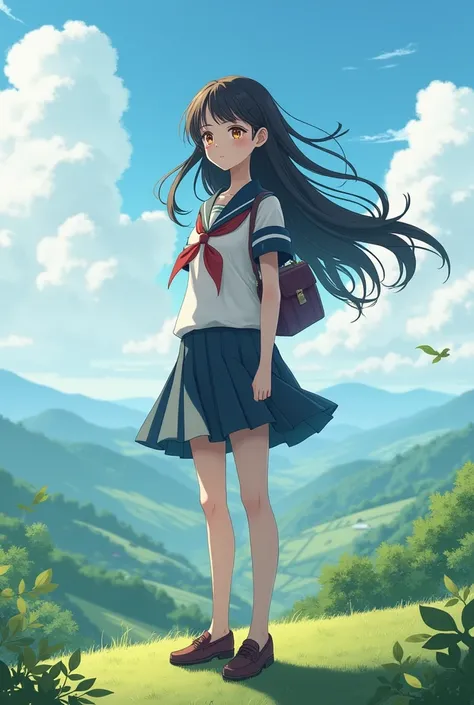 high school student girl,standing on the hill,gentle breeze,fluttering long hair,real life adaptation,