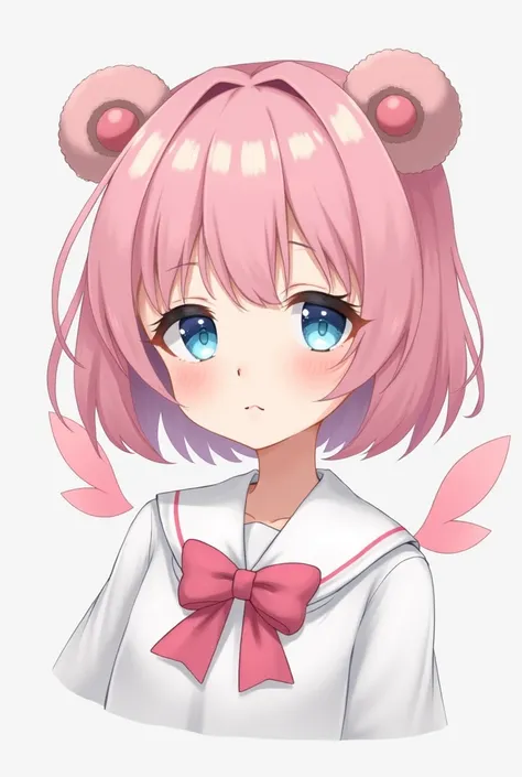 skistyle, 1girl, solo, pink hair, animal ears, blue eyes, wings, looking at viewer, mole, bangs, short hair, bow, sailor collar, simple background, white sailor collar, mole under mouth, hair bow, pink bow, closed mouth, shirt, white shirt, bear ears, bob ...