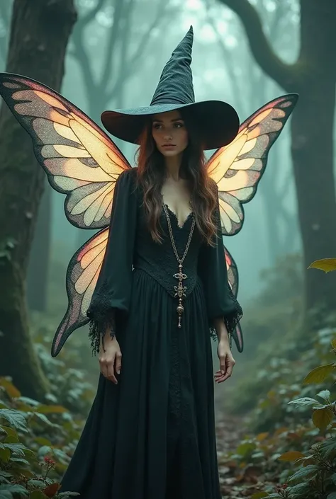 A woman dressed as a witch with a hat but with very pretty fairy wings in a magical tonal forest