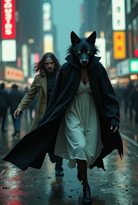 Wolf woman runs scared through the big city at night in the middle of the rainy night crowded streets She has black fur and green eyes, wears a simple white hippie dress and a black witch robe which she holds a hood hiding her face. Behind her, a young roc...