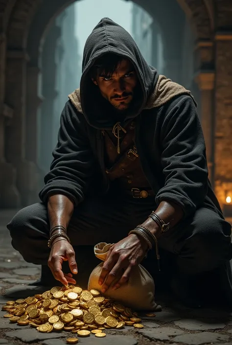 An image of a dark-skinned medieval rogue with short, faded hair, handsome and harmless looking, stealing a bag of gold without anyone noticing.