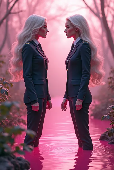 "A surreal scene showing two police officers who have fallen into a large, bright pink lake. After emerging, Their appearances have changed: Now they have elegant and graceful features.., With long, flowing hair and delicate facial structures.. Their unifo...