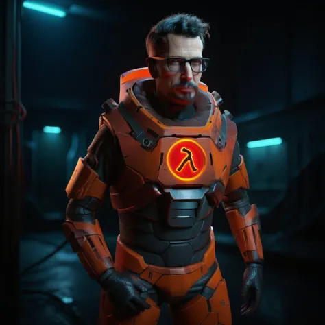 neon noir  a man with glasses in a orange and black space suit, holds a red (((crowbar))), dystopian background . cyberpunk, dar...