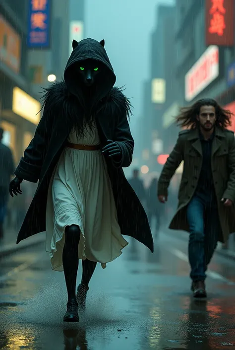 Wolf woman runs scared through the big city at night in the middle of the rainy night crowded streets She has black fur and green eyes, wears a simple white hippie dress and a tunic with a black witch hood that she holds a hood hiding her face. Behind her,...