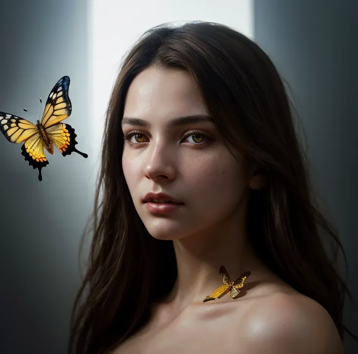 photograph, 8k portrait of a beautiful brown haired cyborg, Complex, elegant, Very detailed, Majestic, digital photographgraphy, ArtJam、Luan Jia、Surreal Paintings by Greg Rutkowski、Golden butterfly filigree, Broken glass, (masterpiece, Side lighting, Beaut...