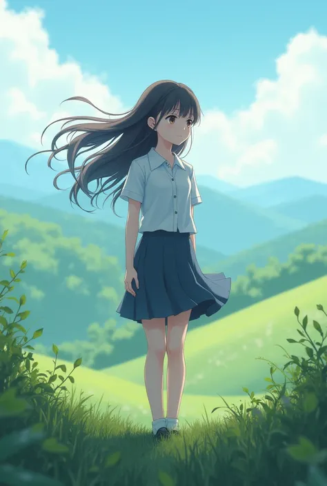 high school student girl,standing on the hill,gentle breeze,fluttering long hair,real life,live action version,