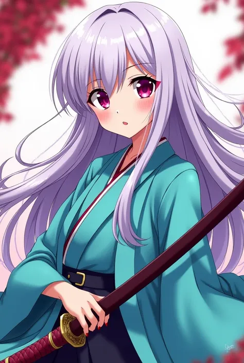 I want a character with the same drawing style as the anime "Demon Slayer" She is a girl who has long white hair, has a large fringe that parts to the sides, she has lilac highlights in her hair . She has red eyes, almost in a pinkish tone. She wears the H...