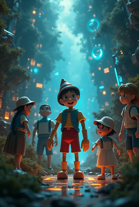 With the image of the robot-like Pinocchio, create an image related to the following text: Pinocchio was tempted to lie to protect his image., but he remembered the teachings of the fairy. Being honest with your friends, They formed a solid team and improv...