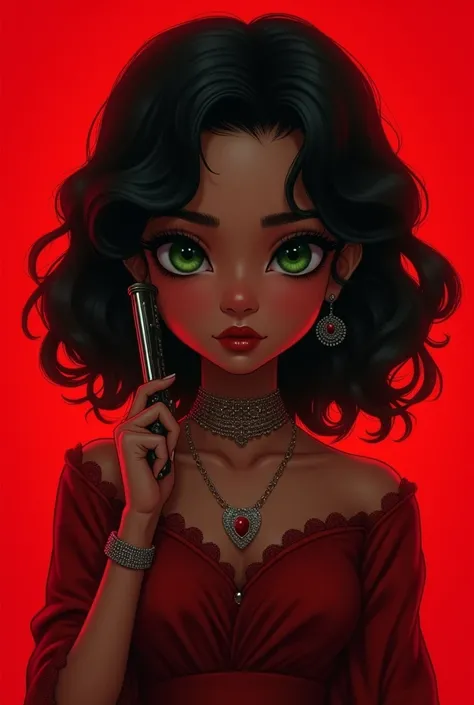 Brazilian girl,approximately 2,king,green eyes and black wavy hair,thief,but stylish and sexy,The girl is alone,a small weapon in hand,red background behind