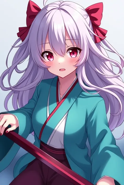 I want a character with the same drawing style as the anime "Demon Slayer" She is a girl who has long white hair, has a large fringe that parts to the sides, she has lilac highlights in her hair . She has red eyes, almost in a pinkish tone. She wears the H...