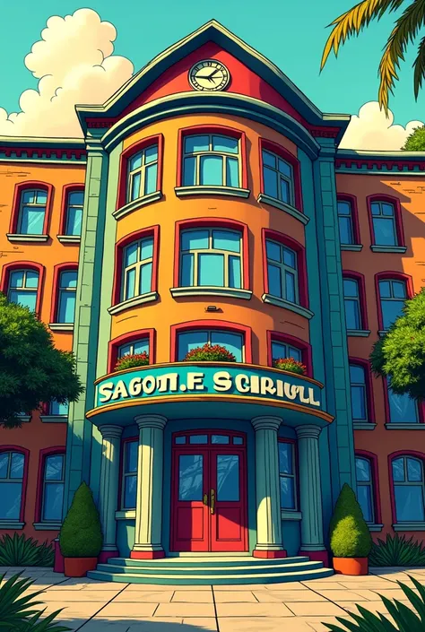 Facade of a school with the name "school for natural sciences" in a comic book perspective 