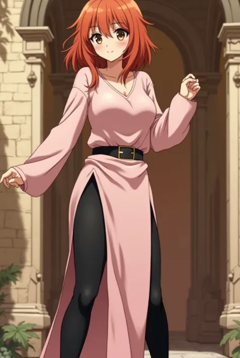 Cute young girl with medium long medium short orange hair with brown eyes wearing a pink long sleeved shirt and black tight yoga pants also has big breasts background of a ruined castle in the daytime