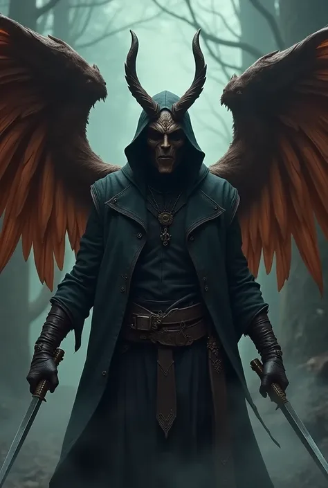 creates a rogue tiefling man with a hood and horns who wears a mask and has brown angel wings, he has two daggers in his hands