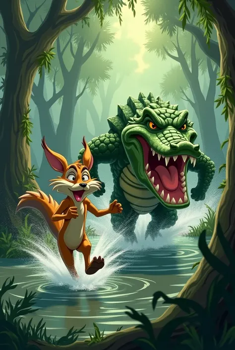 Papa Leguas coyote running away from a large alligator