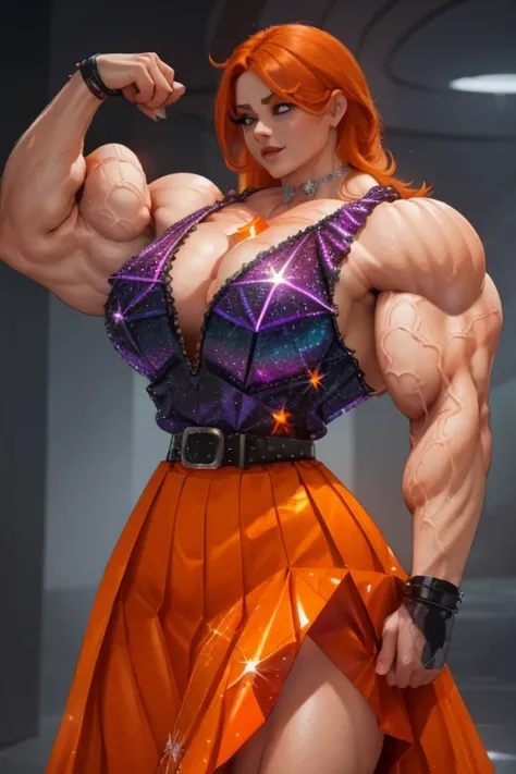 ((Close-up)), tall, ((orange hair)) beautiful muscular woman, long Shaggy hair, pale white skinned, closed smile, large breast, (black lipstick), (massive muscles), (hyper muscle), (((ginormous bulky muscles))), purple eyes, ((((orange sleeveless Crystalli...