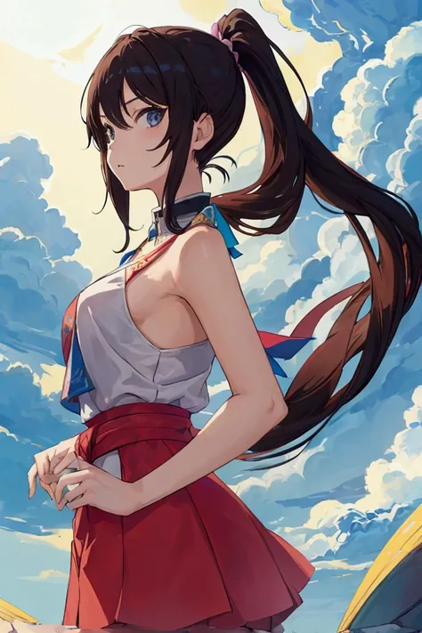 1girl, solo, promo art, by mika pikazo, masterpiece, bare shoulders,  ponytail, looking at viewer 